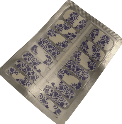 Blue floral non-UV nail wrap sheet showing traditional porcelain china pattern design