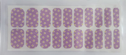 Purple gel nail wraps with golden floral buttercup pattern, 20 pieces wide fit
