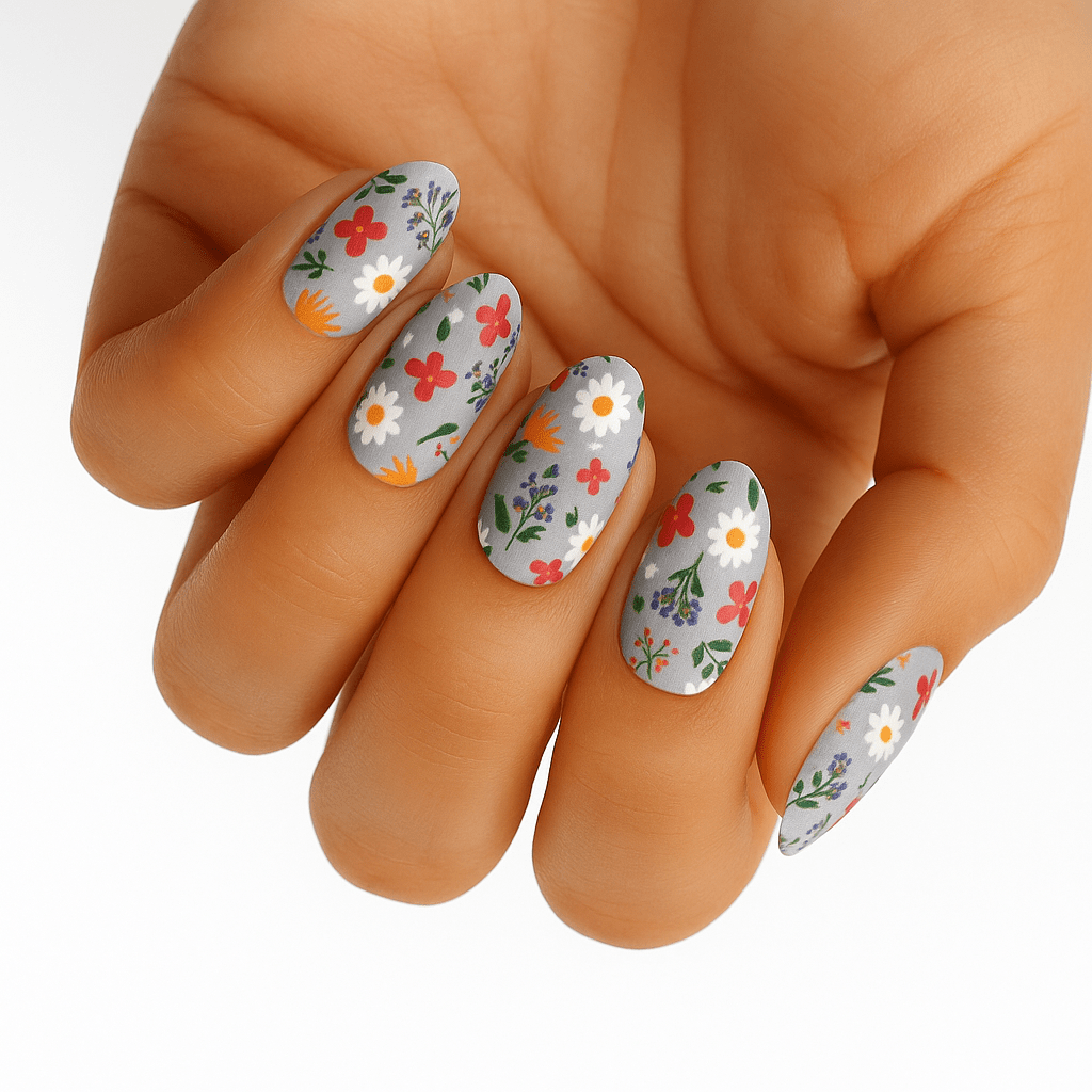 Hand displaying delicate white floral nail wraps with multicoloured wildflower whimsy pattern