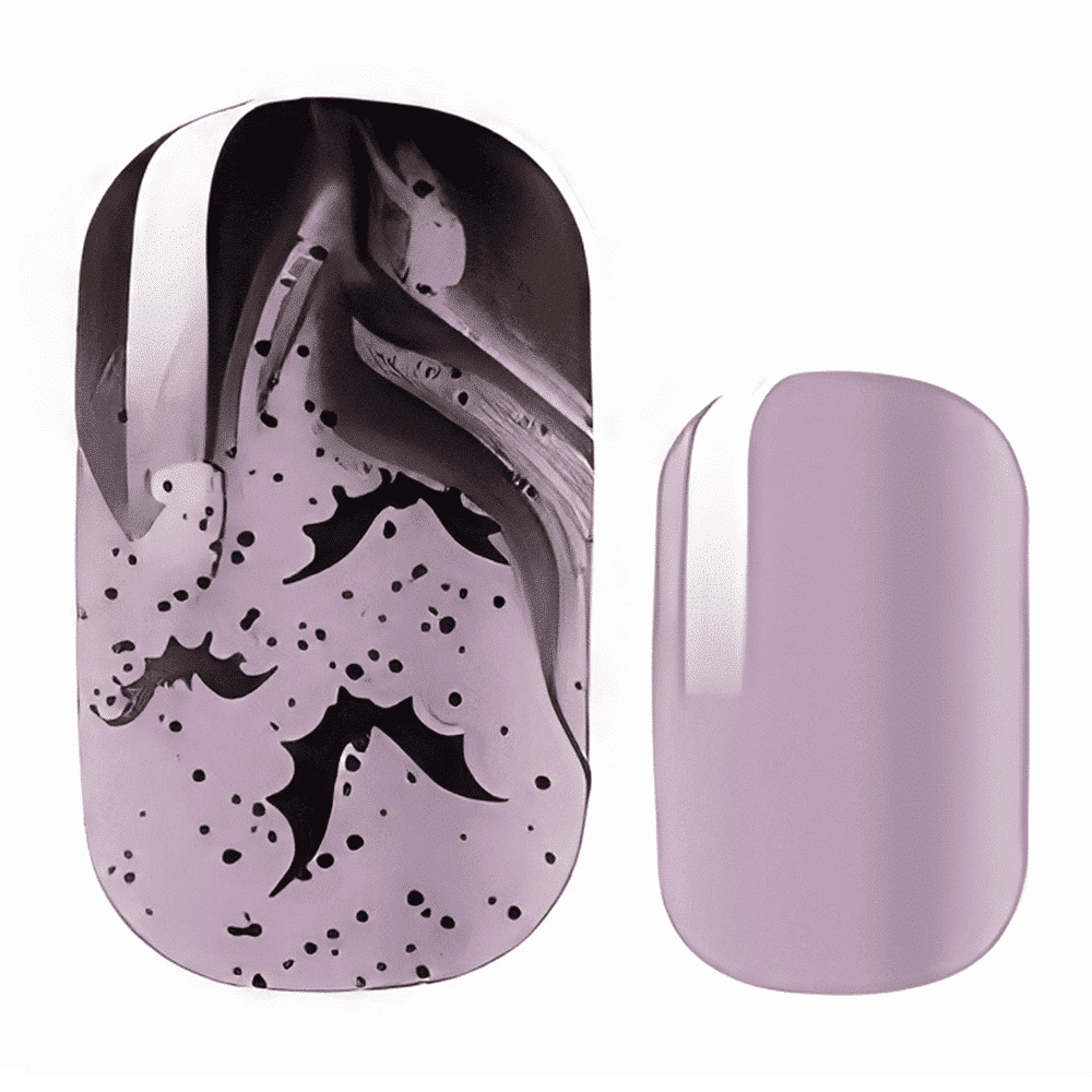 Purple nail wraps with black bat pattern design showing Halloween themed nail art