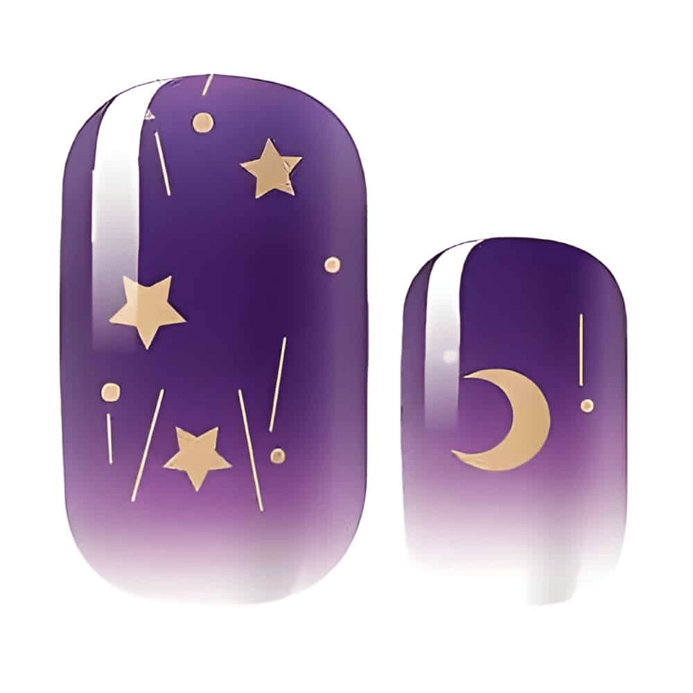 Purple ombre gel nail wraps with gold stars and crescent moon celestial design