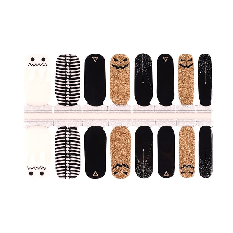 Complete Halloween nail wrap set with ghost, striped, black, and gold glitter designs