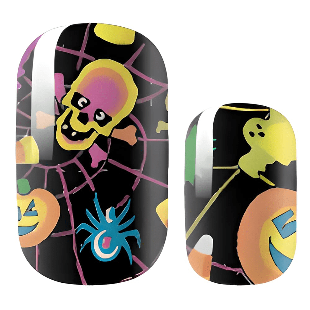 Halloween nail wrap design featuring bright skulls ghosts and spooky motifs on black