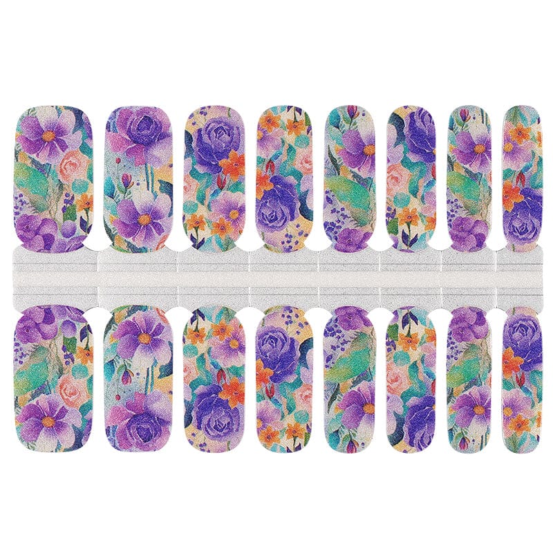 Vibrant floral nail wraps with purple roses and colourful botanical pattern for at-home manicure