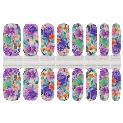 Vibrant floral nail wraps with purple roses and colourful botanical pattern for at-home manicure
