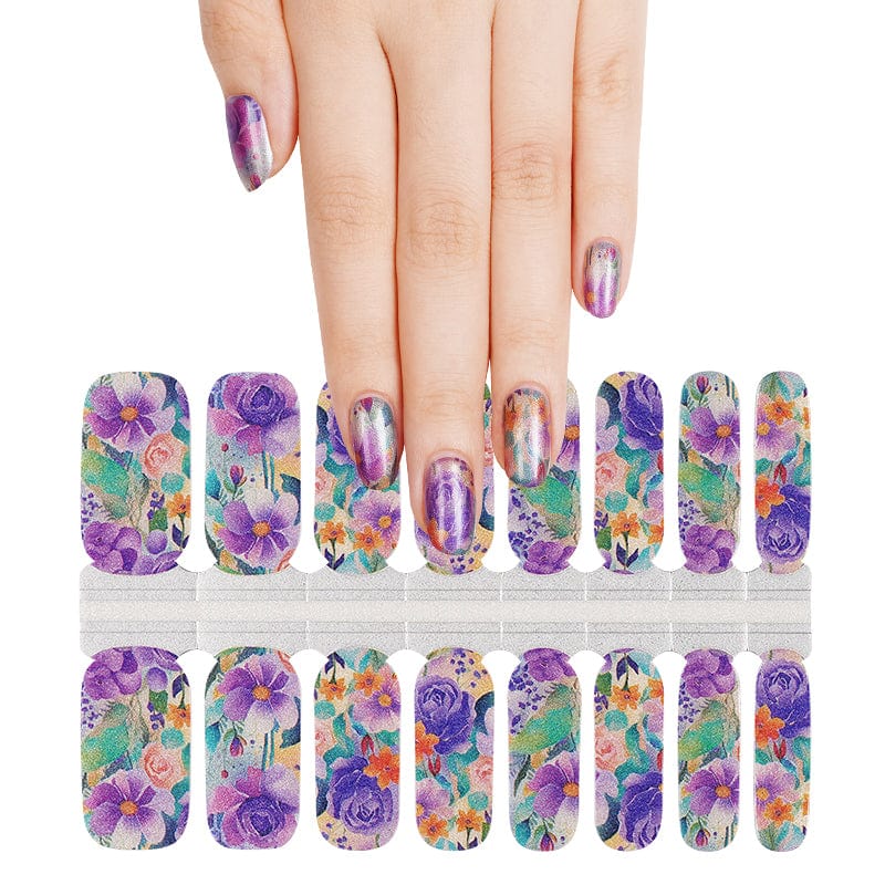 Purple floral nail wraps sheet with iridescent chrome roses design for manicure
