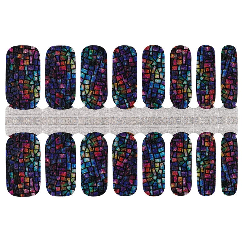 Multicoloured mosaic pattern nail wraps with iridescent geometric squares in purple, blue and copper