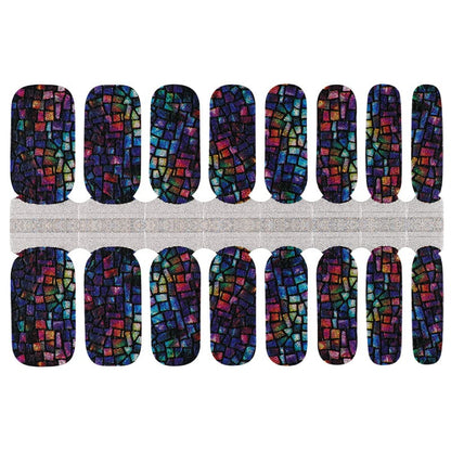 Multicoloured mosaic pattern nail wraps with iridescent geometric squares in purple, blue and copper