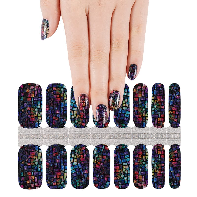 Mosaic nail wraps sheet showing holographic blue purple multicoloured at-home manicure design