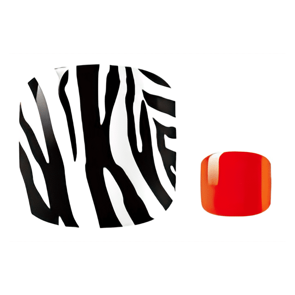 Zebra stripe nail wraps in black and white with glossy red accent wrap