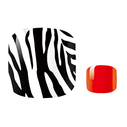 Zebra stripe nail wraps in black and white with glossy red accent wrap