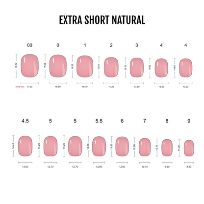 Pink press-on nails sizing chart showing extra short natural shapes in sizes