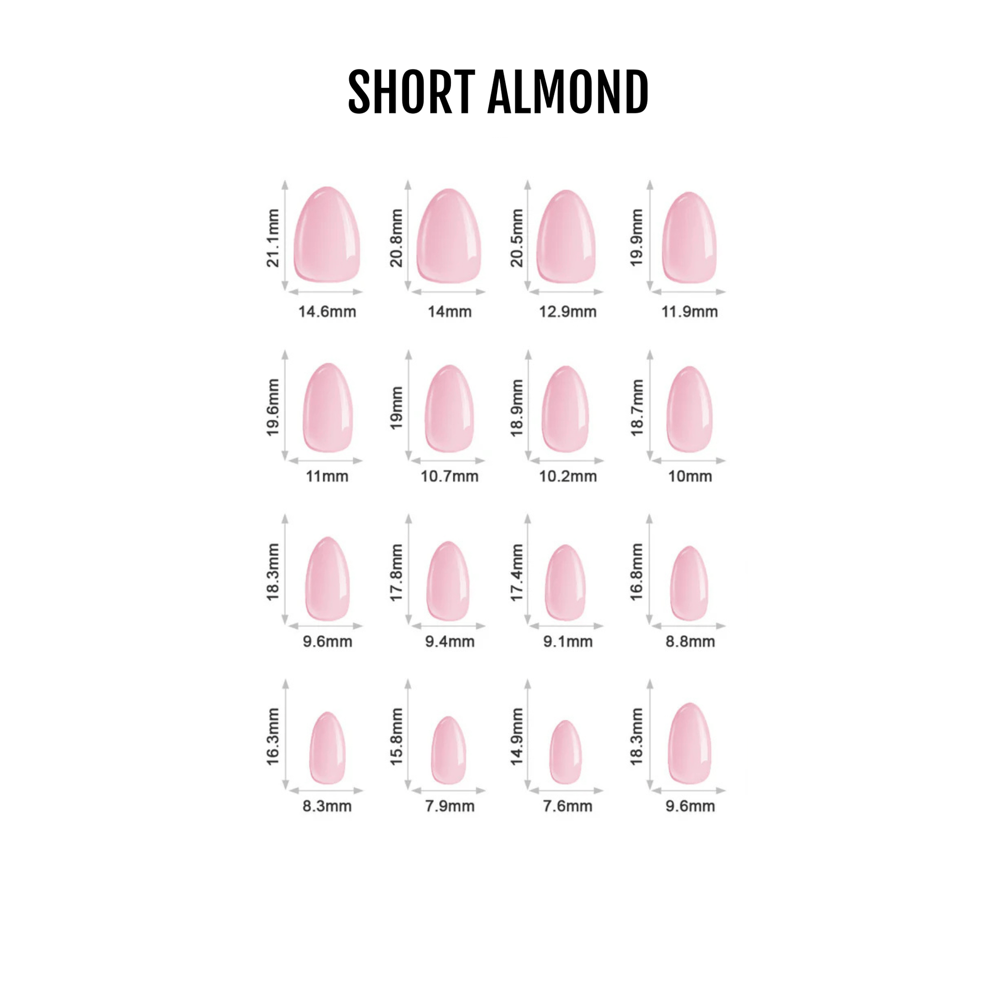 Pink soft gel press-on nails in short almond shape showing size chart with measurements