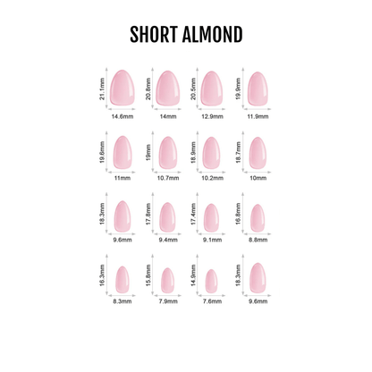Pink soft gel press-on nails in short almond shape showing size chart with measurements