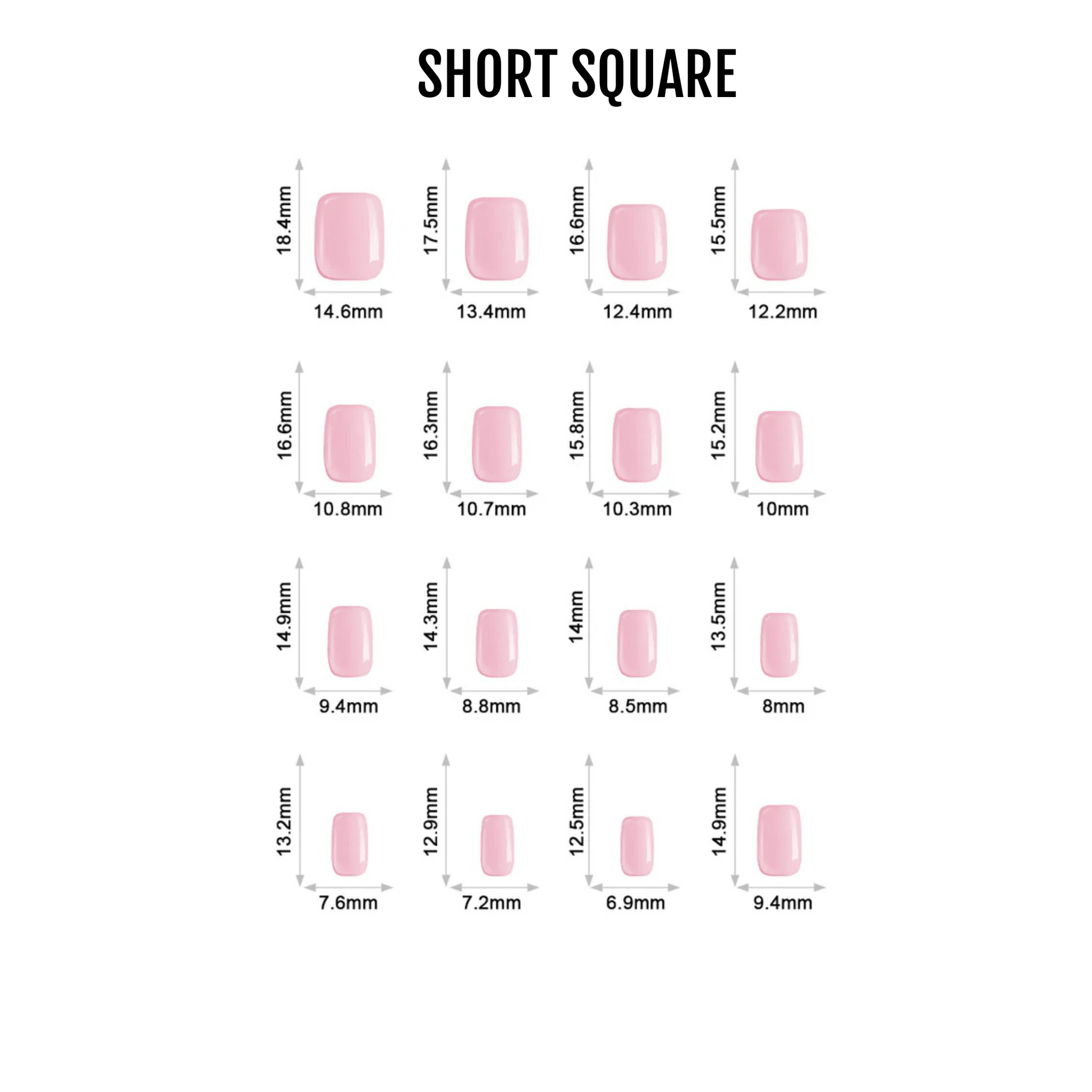 Short square press-on nail sizing chart showing 16 different sizes from 14.6mm to 6.4mm