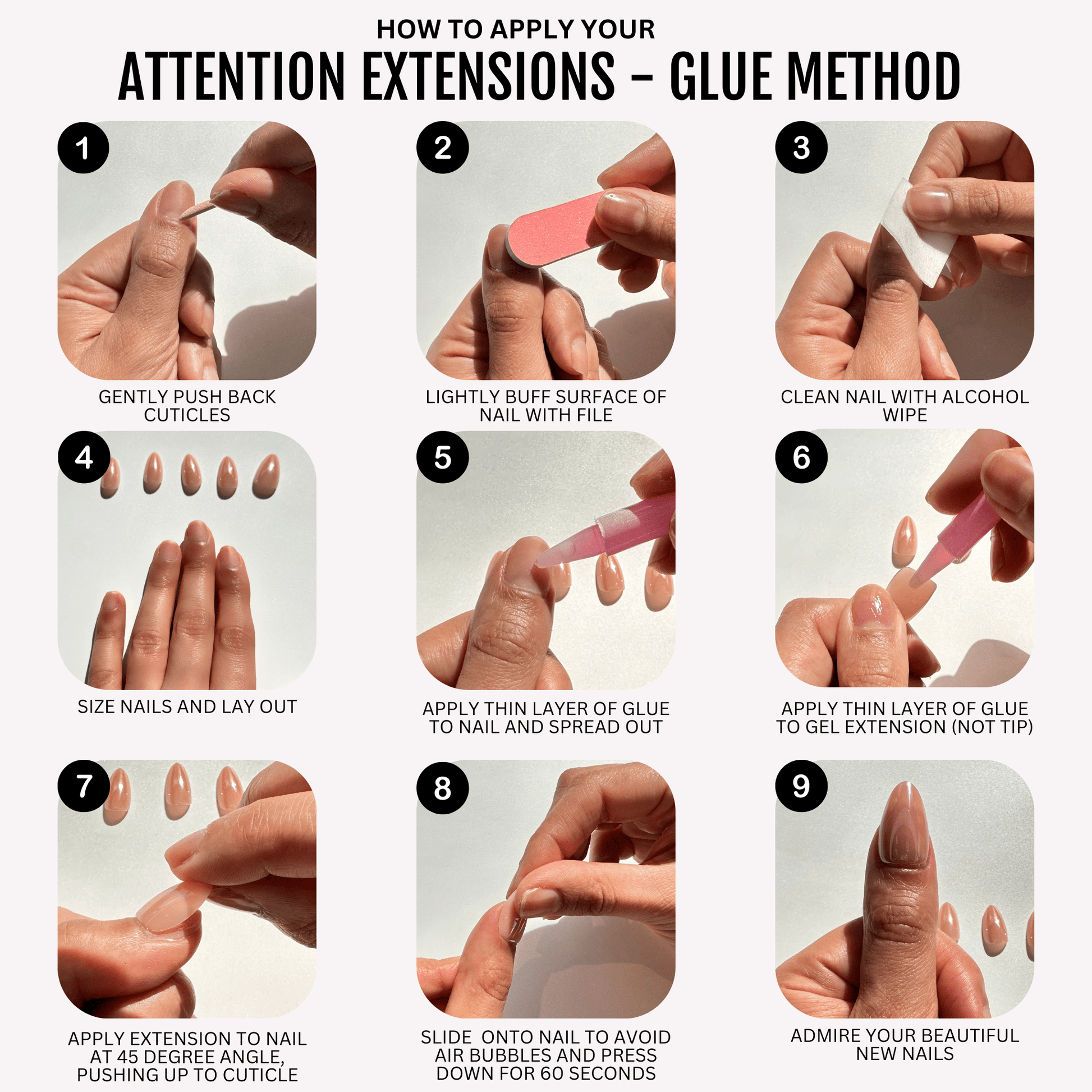 Nine-step tutorial showing how to apply press-on nail extensions using glue method