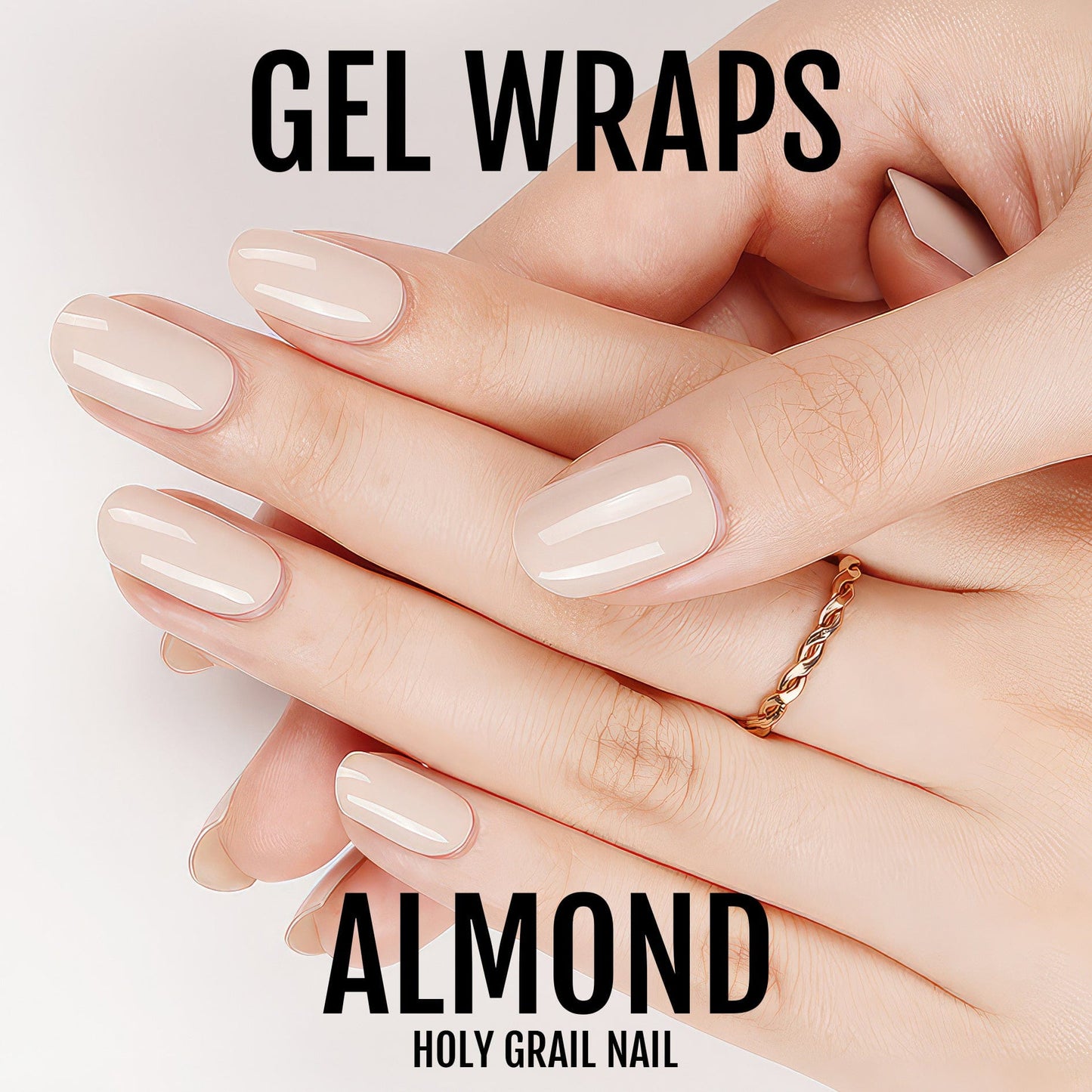 Natural nude gel nail wraps on hands creating elegant glossy at-home manicure