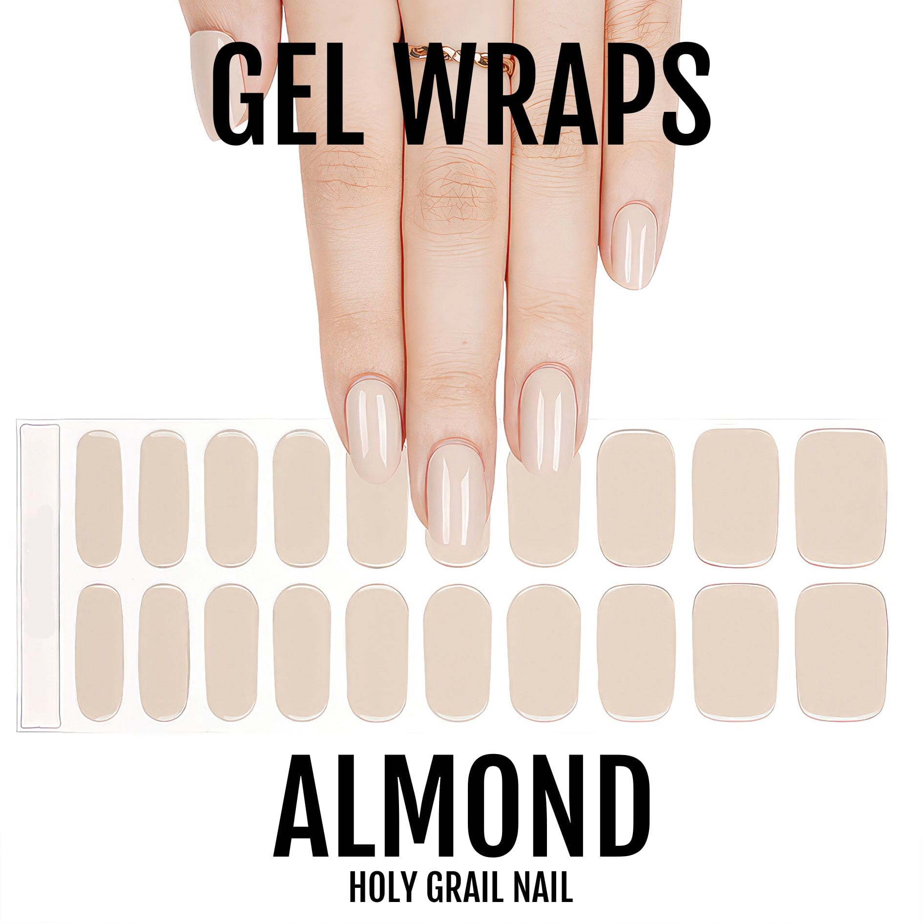 Hand displaying nude gel nail wraps with individual wrap strips for DIY manicure