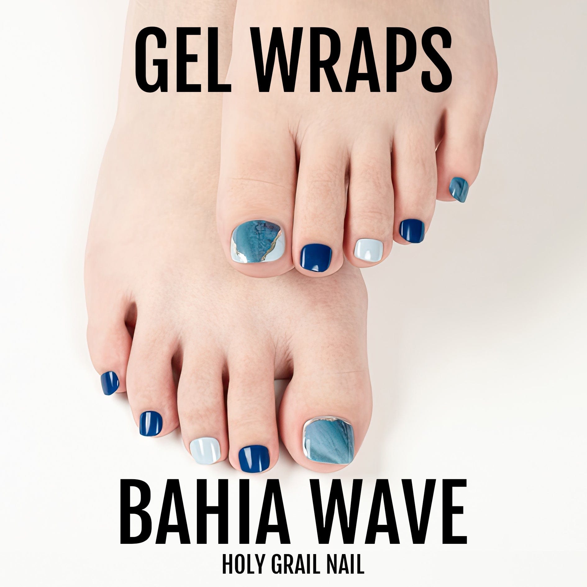 Feet with blue marble gel nail wraps showing wave pattern pedicure design