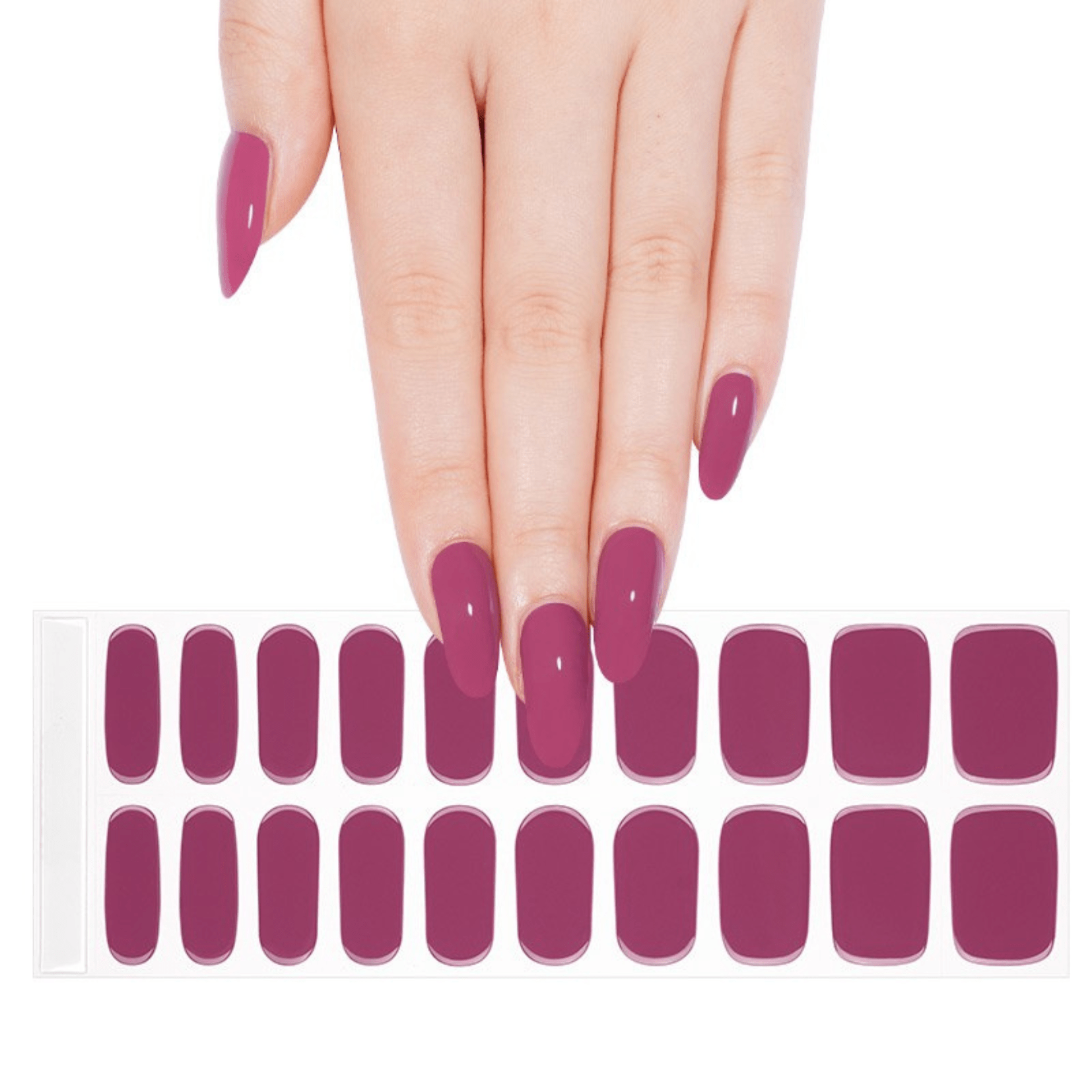 Hand wearing berry purple gel nail wraps showing glossy manicure finish