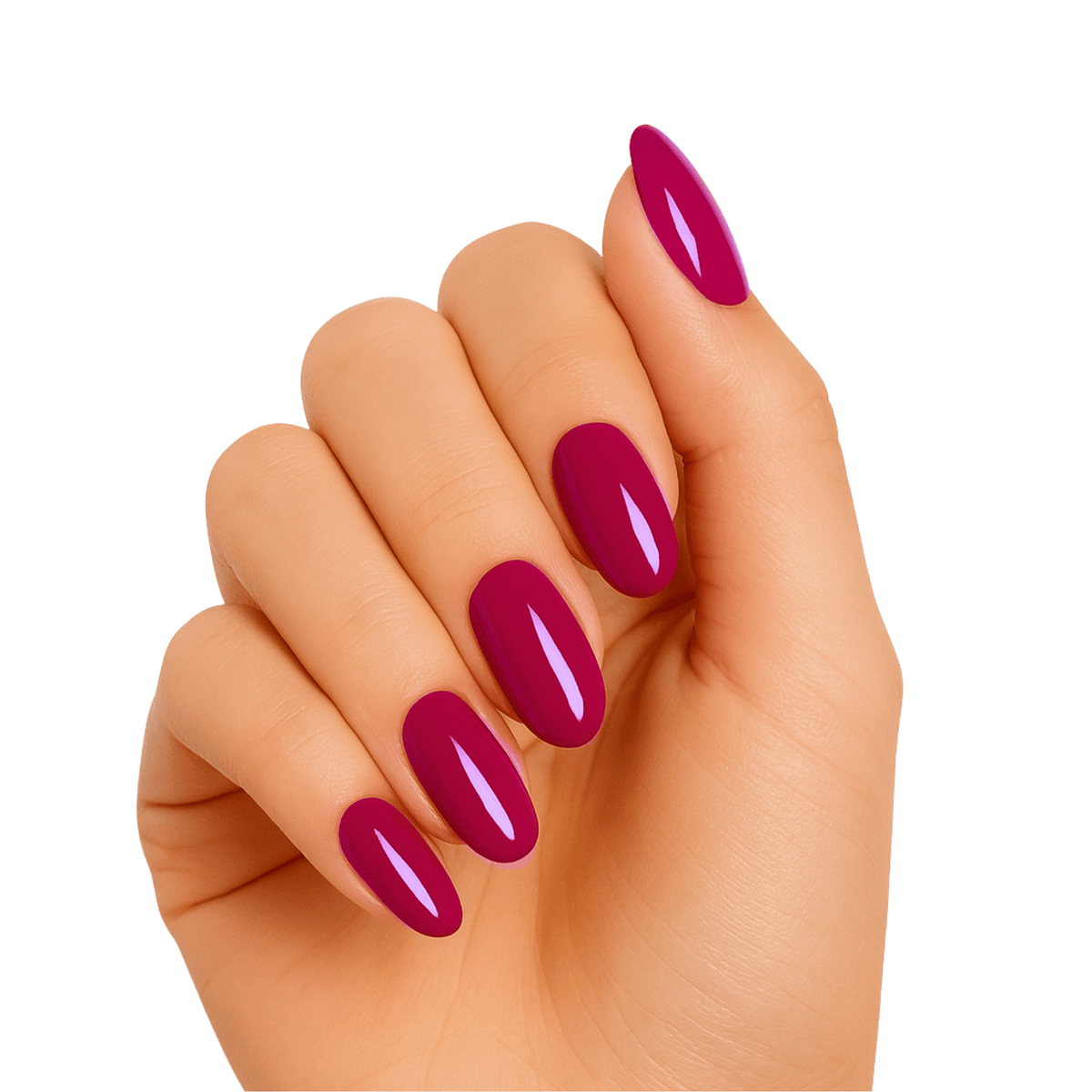 Bordeaux burgundy glossy gel nail wraps on hand showing deep red manicure