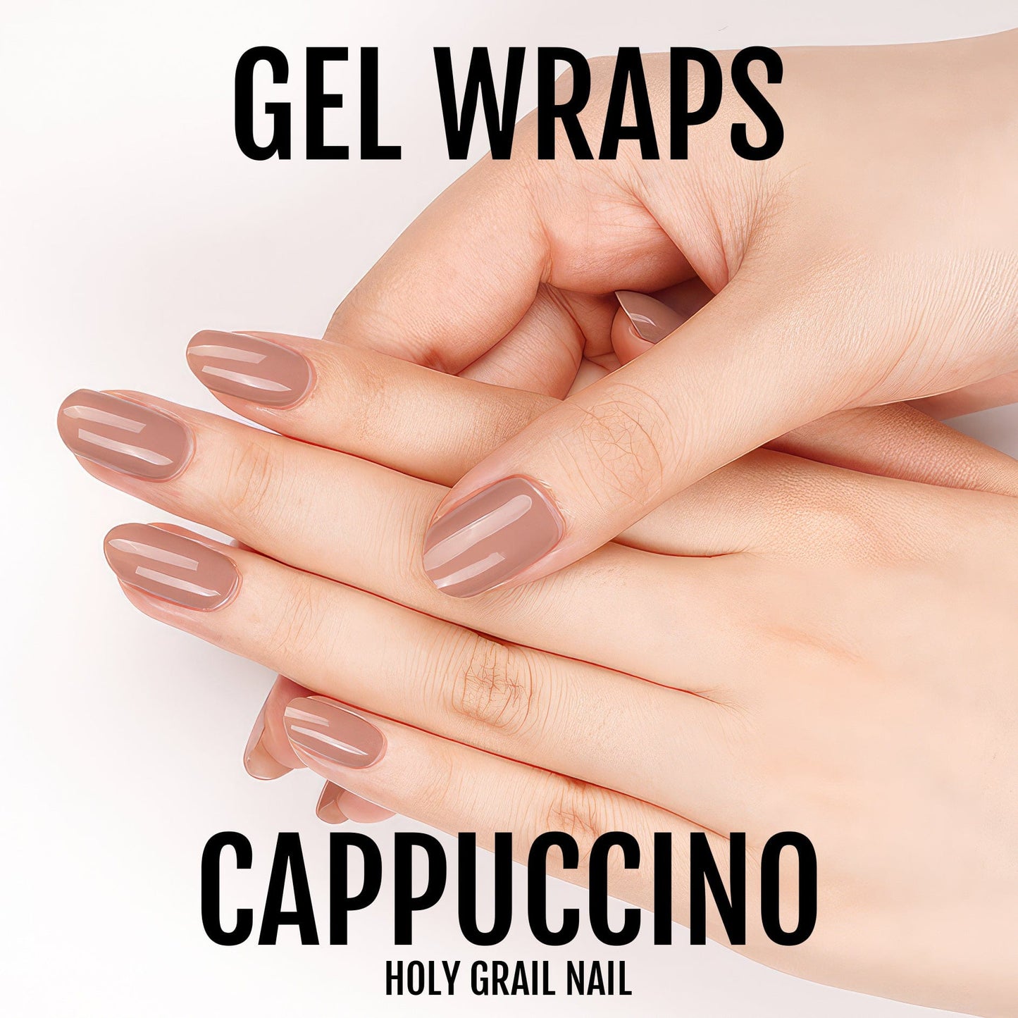 Cappuccino brown gel nail wraps on hands showing nude glossy manicure finish