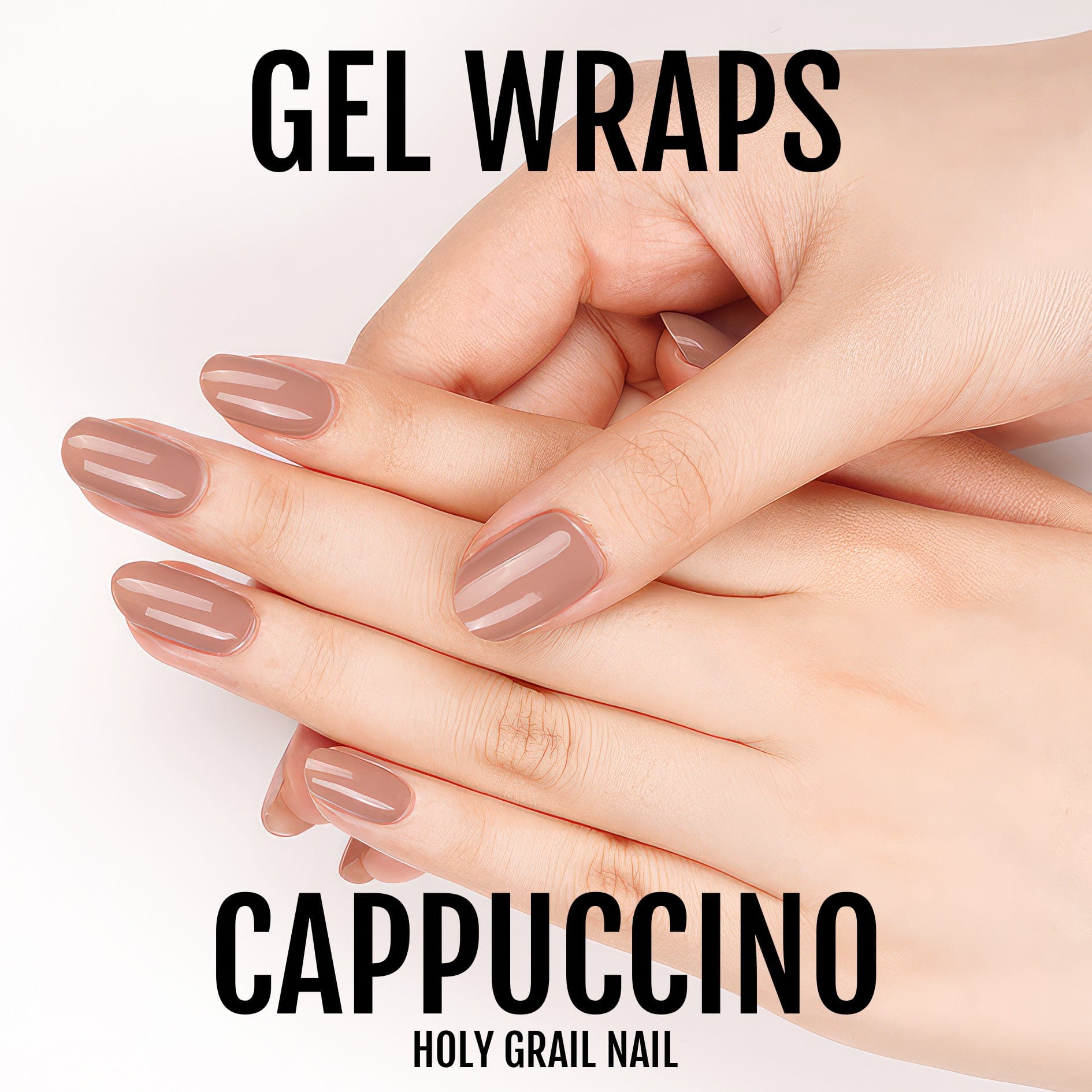 Cappuccino brown gel nail wraps on hands showing nude glossy manicure finish