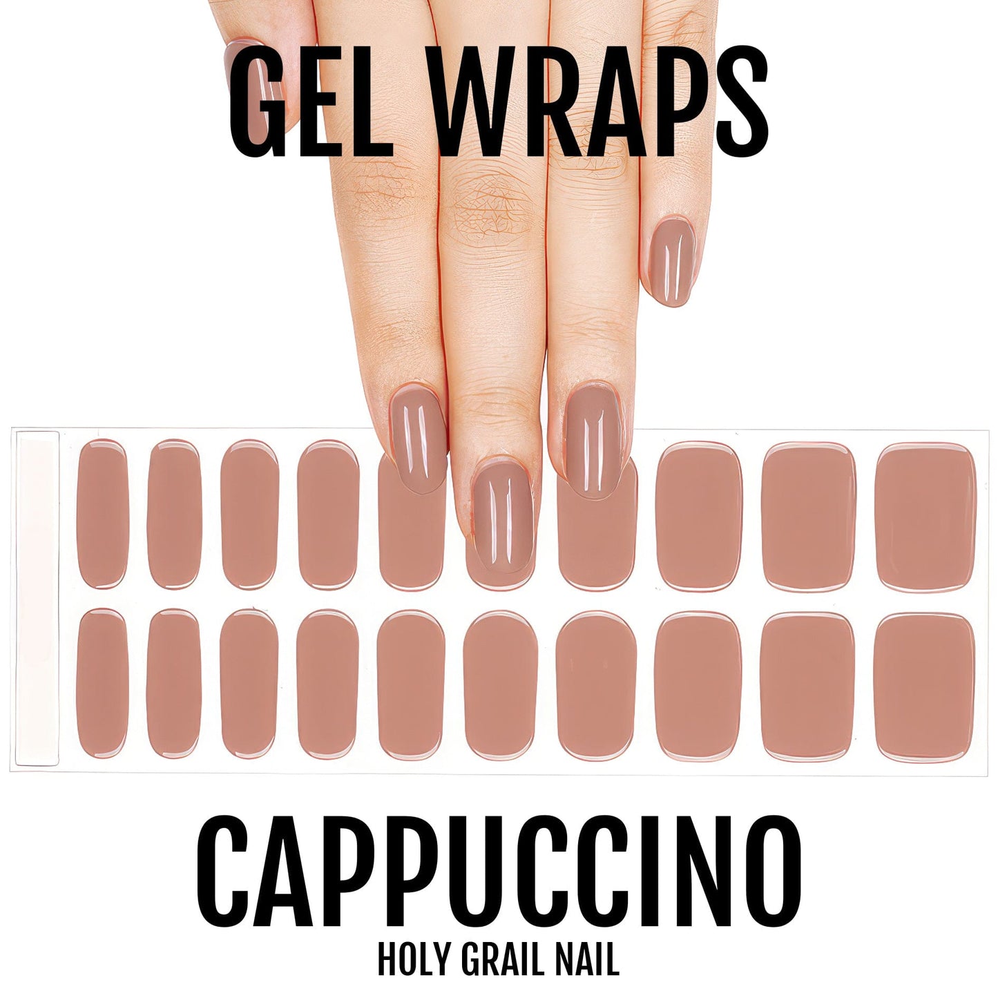 Hand wearing cappuccino brown gel nail wraps with nude nail art design sheet displayed
