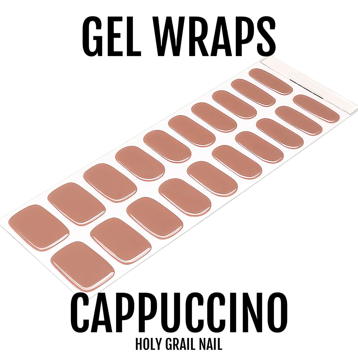 Cappuccino gel nail wraps sheet showing warm brown nude press-on nail designs for at-home manicure