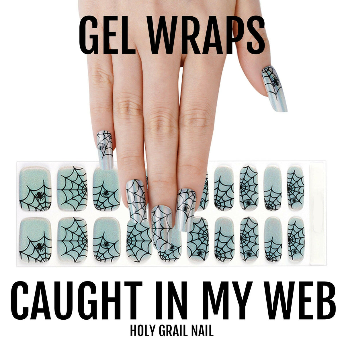 Spider web pattern gel nail wraps sheet showing black holographic gothic Halloween manicure designs