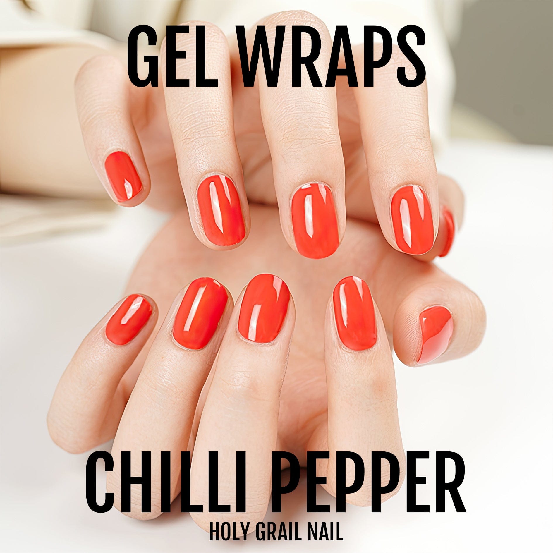 Chilli pepper red gel nail wraps product showcase with glossy finish manicure