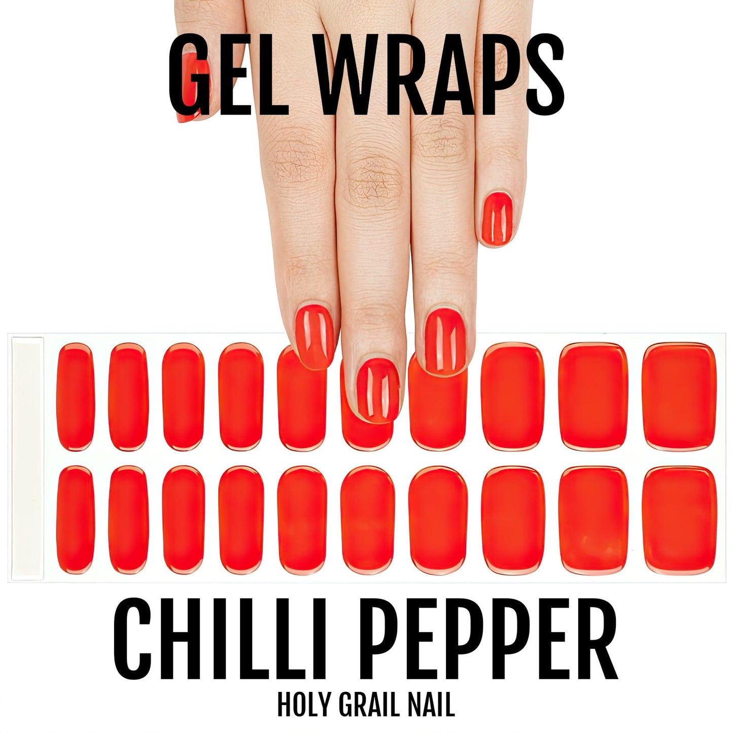 Bright red gel nail wraps on hand with matching nail wrap strips for at-home manicure