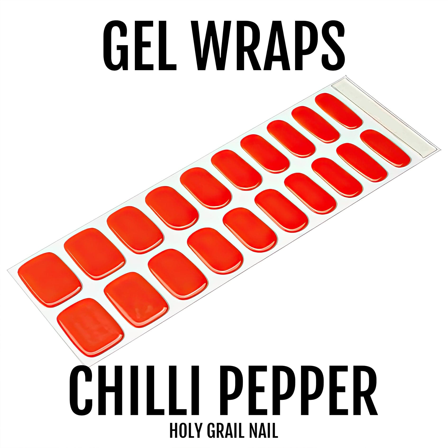 Red gel nail wrap strips arranged in rows showing vibrant glossy finish