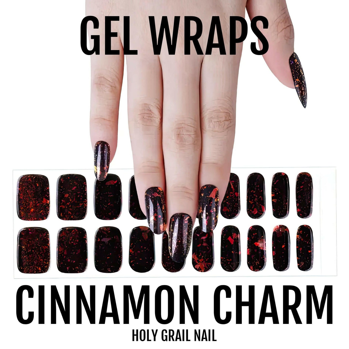 Cinnamon brown gel nail wraps with metallic glitter finish and matching wrap sheets