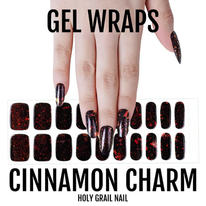 Cinnamon brown gel nail wraps with metallic glitter finish and matching wrap sheets