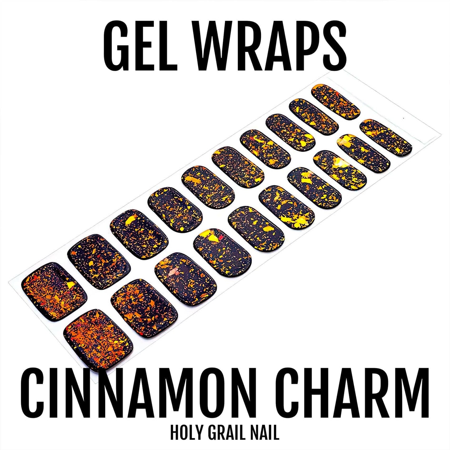 Black gel nail wraps with orange holographic glitter sparkle finish for at-home manicure