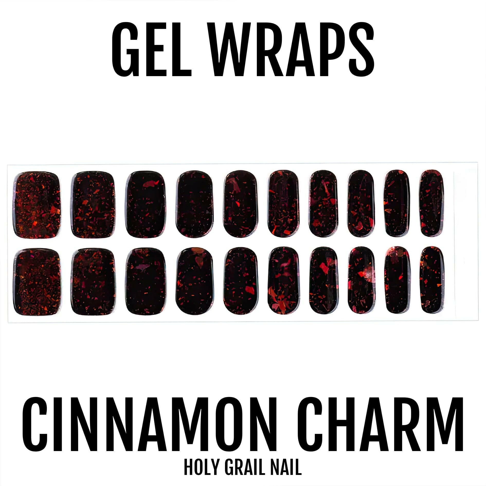 Dark gel nail wraps with red glitter accents displayed in rows showing nail art designs