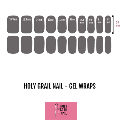 Gel nail wraps sizing guide chart showing different nail lengths and widths