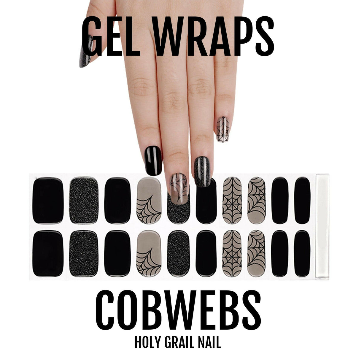 Cobweb gel nail wraps sheet showing black glitter and nude spider web patterns