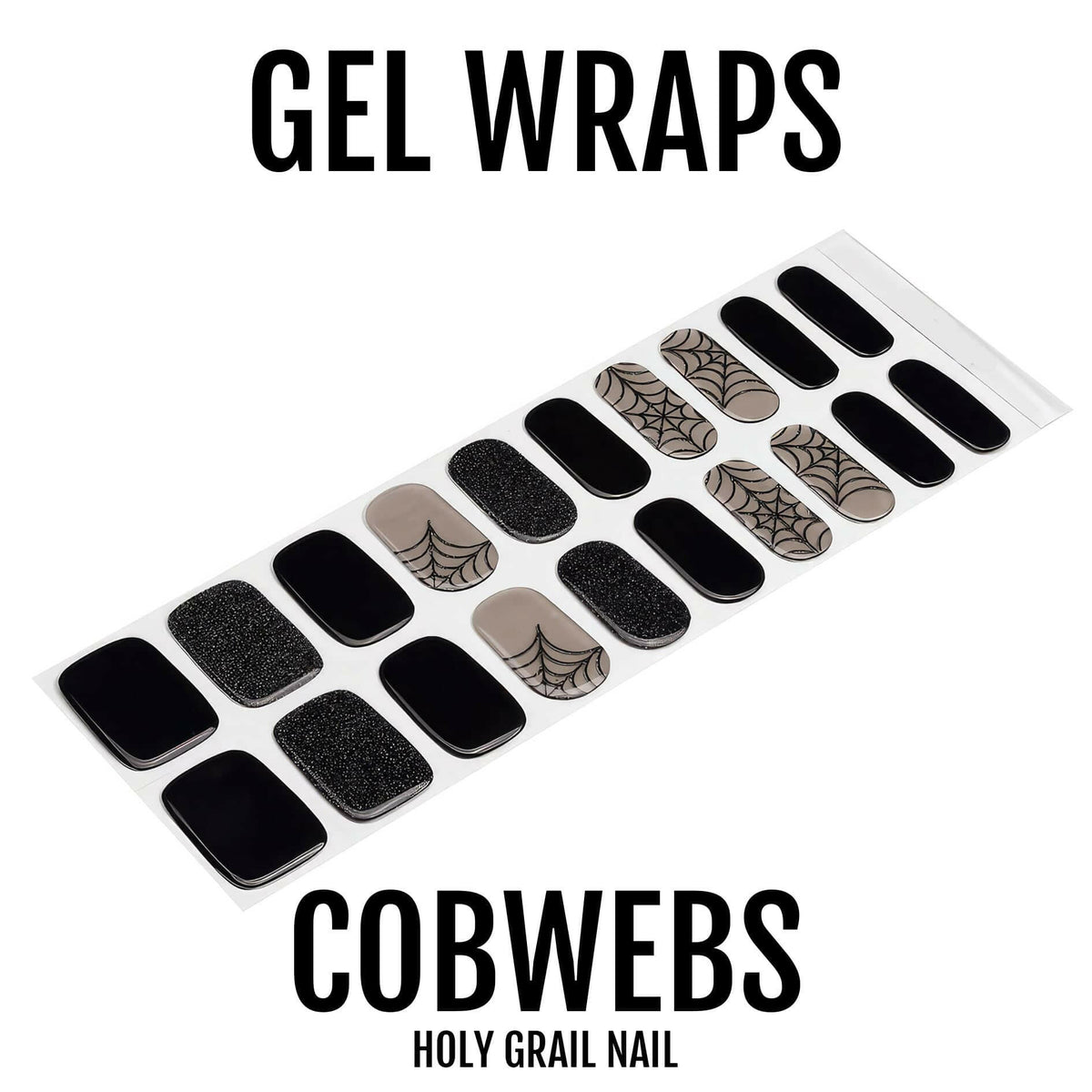 Cobweb gel nail wraps set with black glitter and spider web patterns