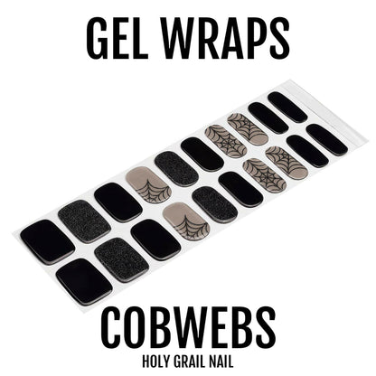 Cobweb gel nail wraps set with black glitter and spider web patterns