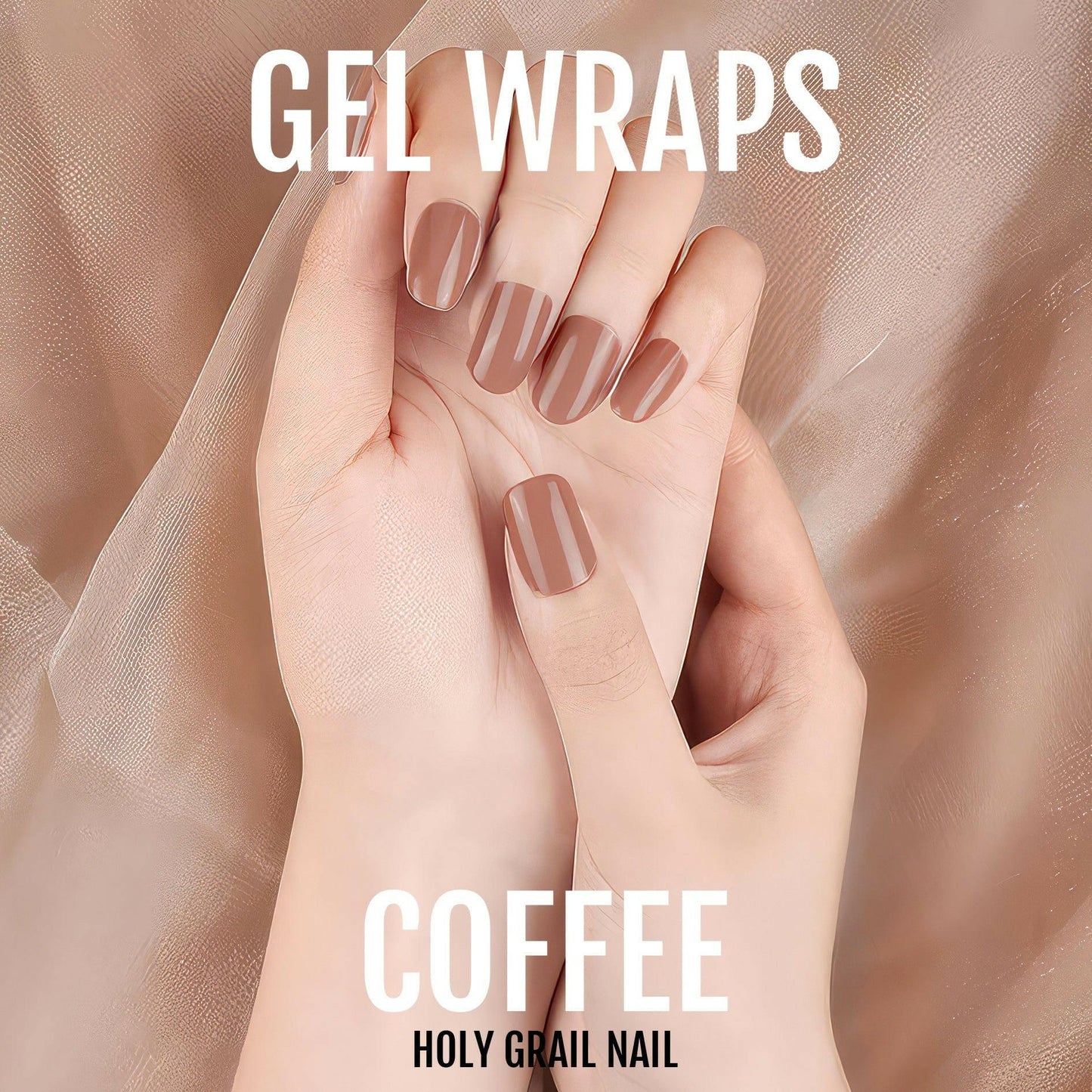 Coffee brown gel nail wraps on hand showing glossy nude manicure finish