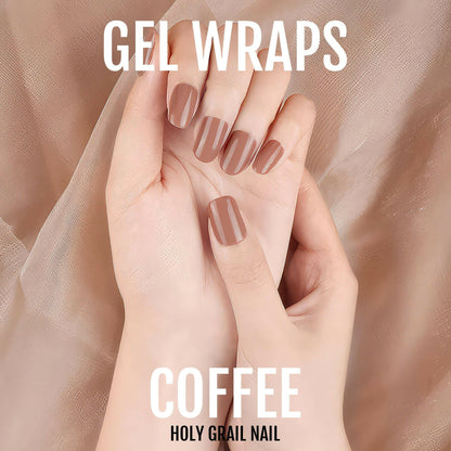 Coffee brown gel nail wraps on hand showing glossy nude manicure finish