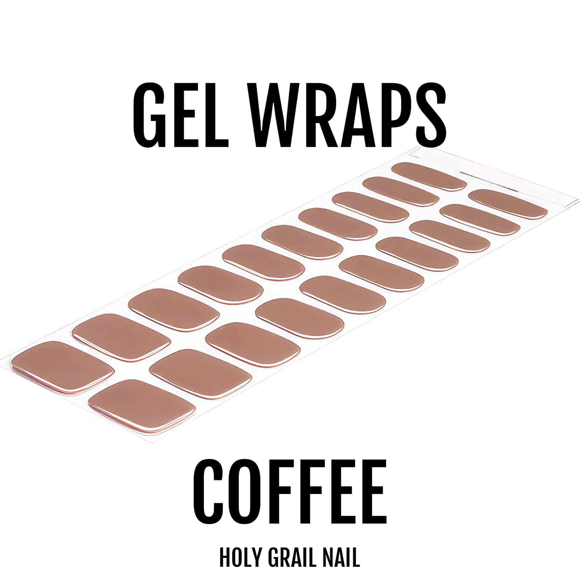 Coffee brown gel nail wraps sheet showing individual nail sizes for at-home manicure