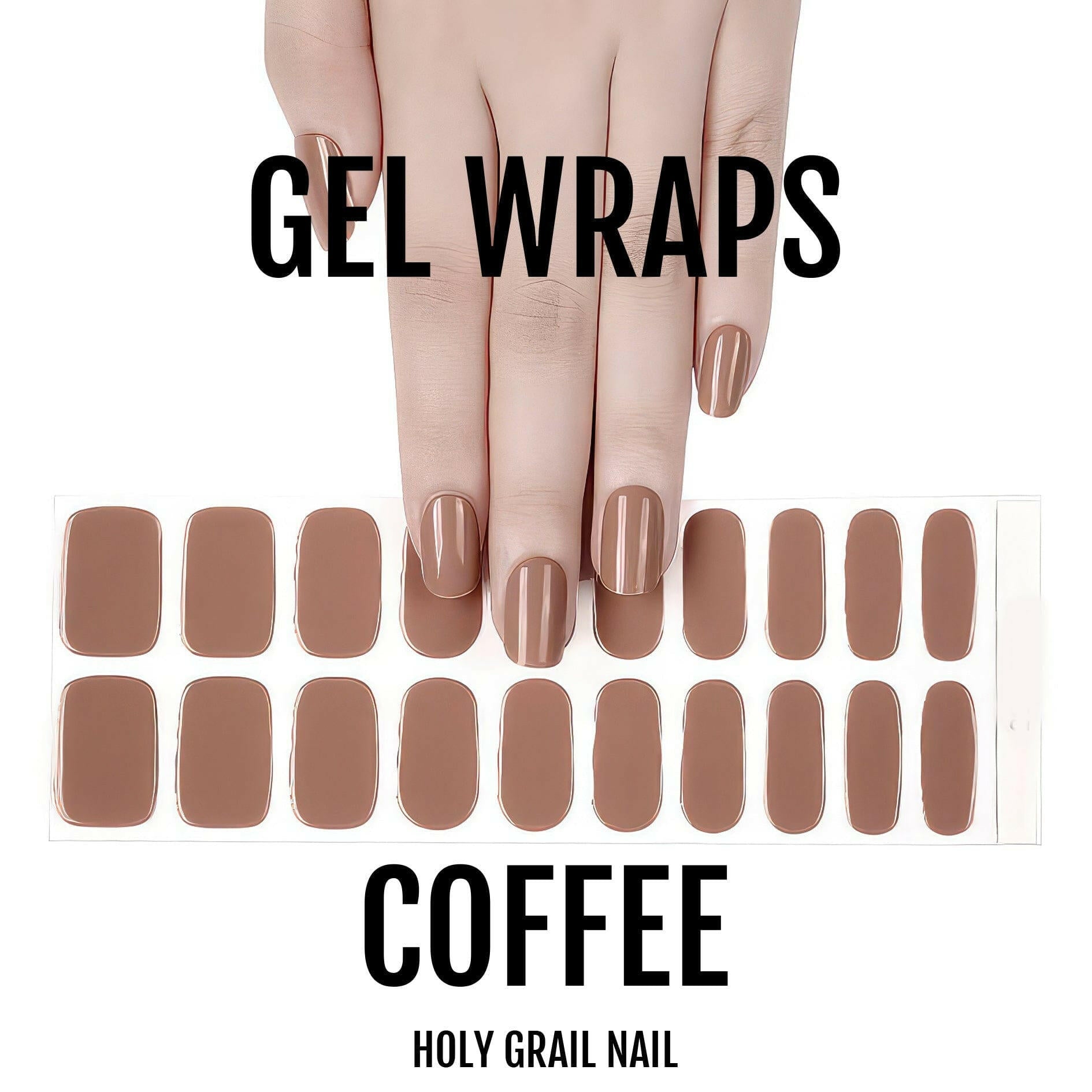 Coffee brown gel nail wraps displayed with hand showing complete manicure set