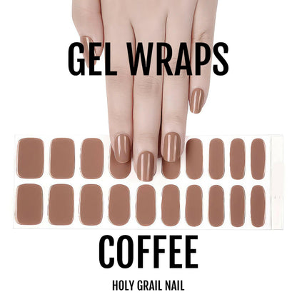Coffee brown gel nail wraps displayed with hand showing complete manicure set