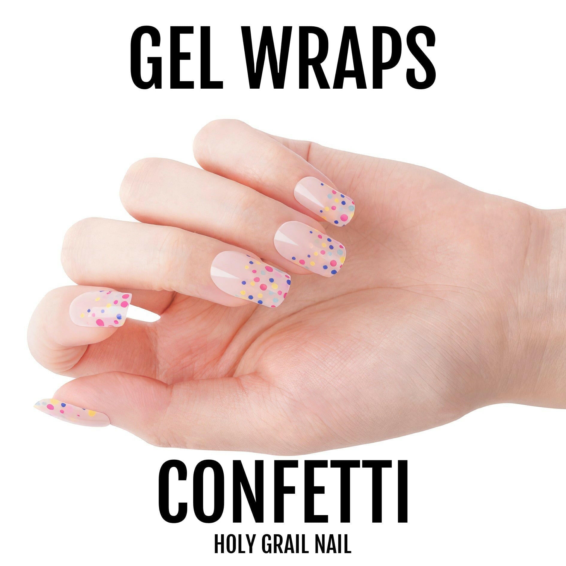 Semi-cured gel nail wraps in pink with multicoloured confetti dot pattern