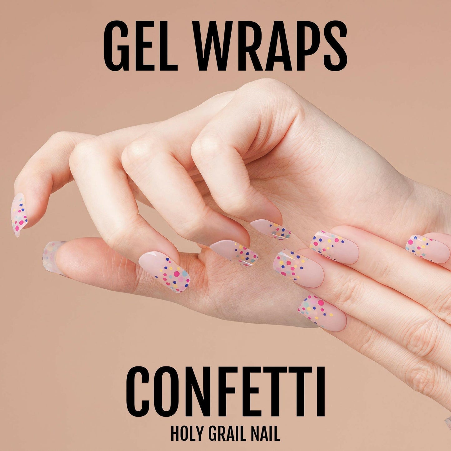 Pink confetti gel nail wraps with colourful dots on hand showing at-home manicure