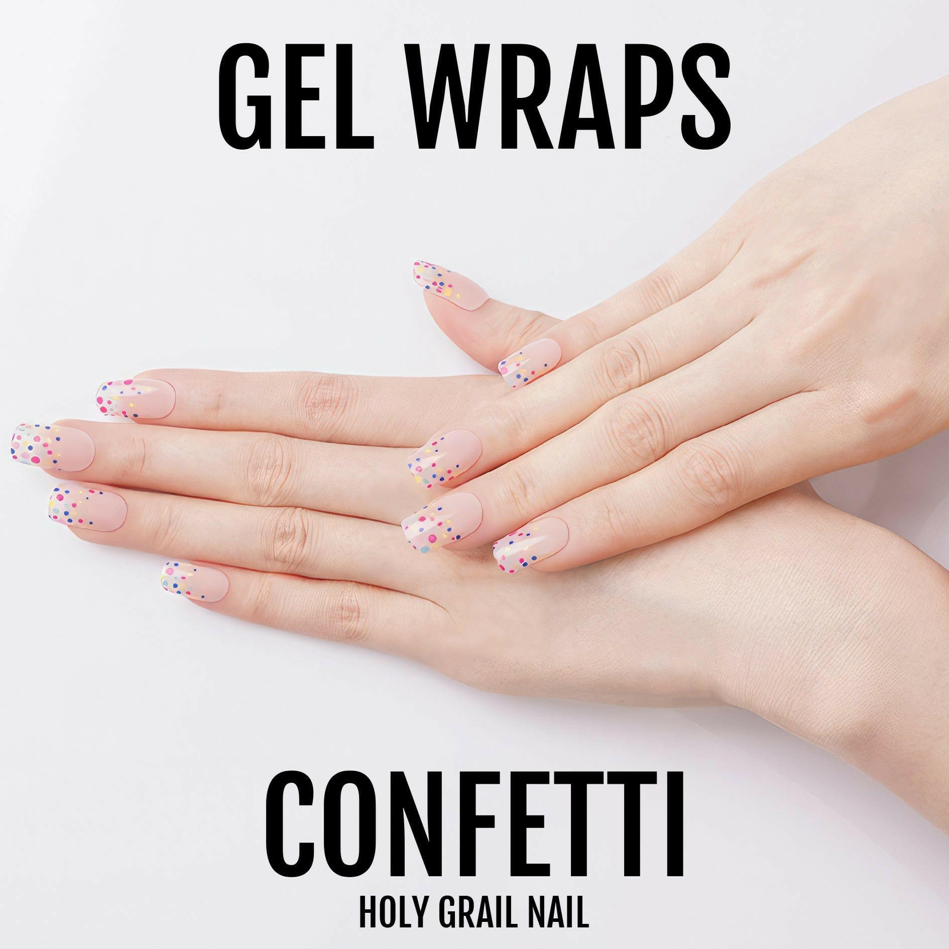 Gel nail wraps with pink confetti pattern displayed on fingers for DIY manicure