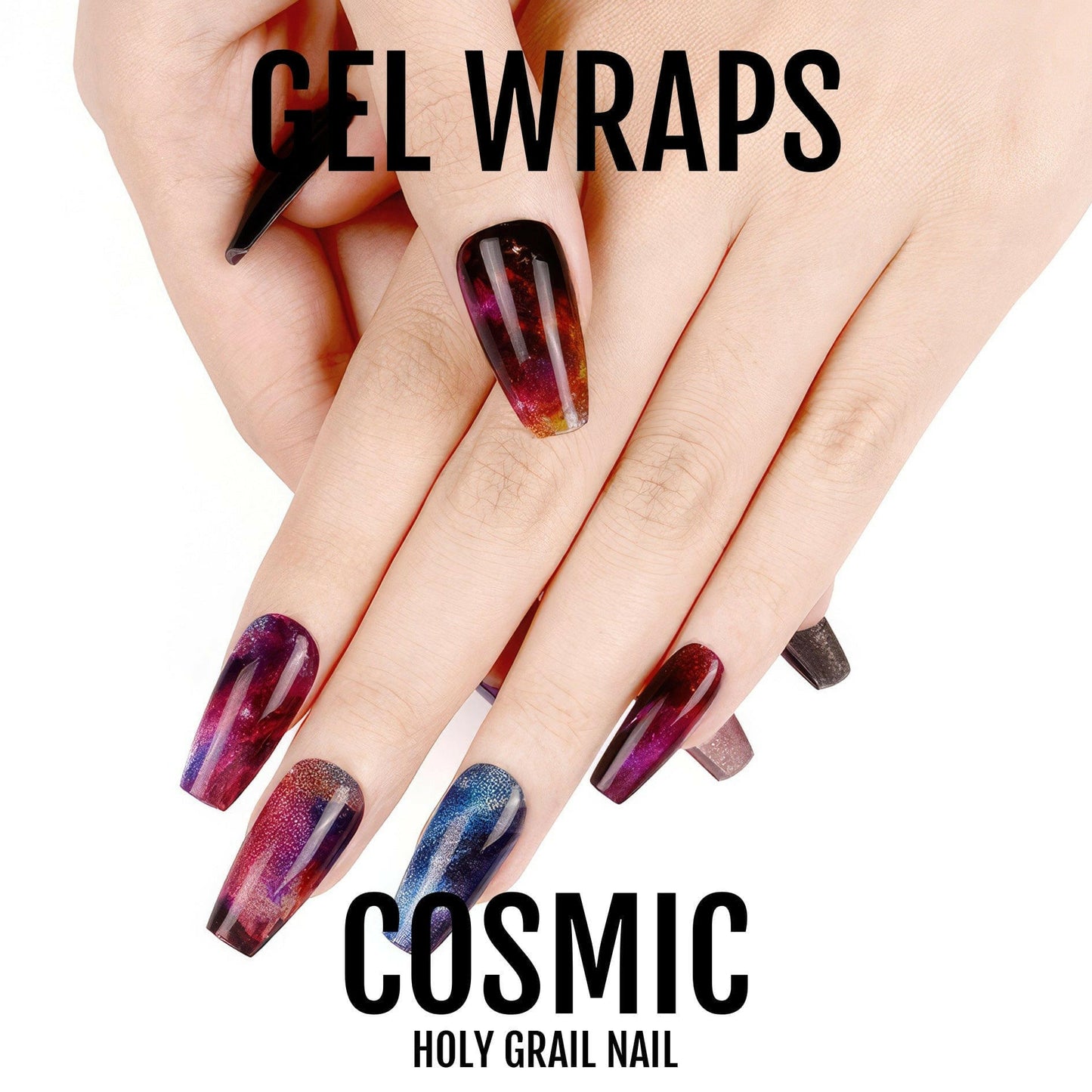 Semi-cured gel wraps displaying cosmic multicolour chrome finish with galaxy nail art effect